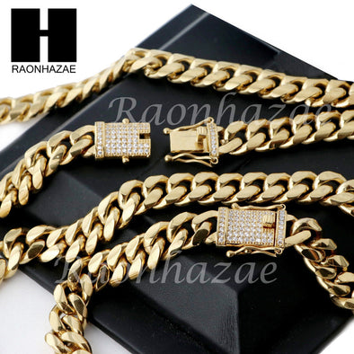 18k Gold Plated 12mm Diamond Clasp Miami Cuban Chain & Bracelet Set S01 - Raonhazae