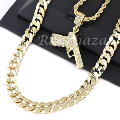 MEN HAND GUN PENDANT DIAMOND CUT 30" CUBAN ROPE CHAIN NECKLACE G46 - Raonhazae