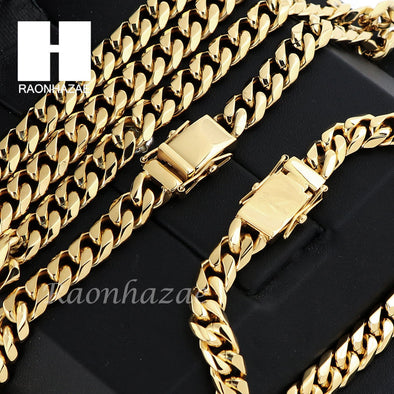 Stainless steel Gold Finish Heavy 10mm Miami Cuban Link Chain Necklace Bracelet3 - Raonhazae