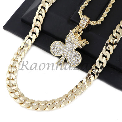 CED OUT KING CROWN CLOVER PENDANT DIAMOND CUT 30" CUBAN ROPE CHAIN NECKLACE G41 - Raonhazae