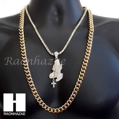 PRAYING HANDS CHARM 16"-30" TENNIS CHAIN 30" CUBAN CHAIN NECKLACE G23 - Raonhazae