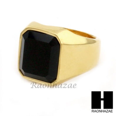 MEN STAINLESS STEEL HIP HOP 14K GOLD PLTED BLACK ONYX RING 8-12 SR030CL - Raonhazae