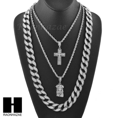 MEN CUBAN LINK 30" CHAIN / CROSS & JESUS PENDANT ROPE NECKLACE SET S41S - Raonhazae