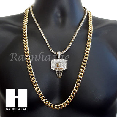 HIP HOP BASKETBALL HOOP CHARM 16"-30" TENNIS CHOKER 30" CUBAN CHAIN NECKLACE G24 - Raonhazae