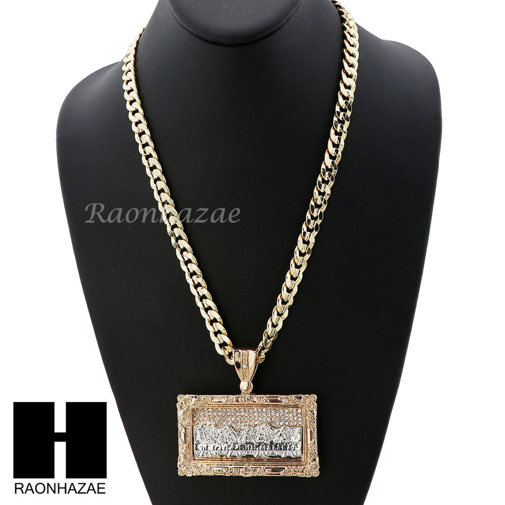 MENS L LAST SUPPER PENDANT DIAMOND CUT CUBAN LINK CHAIN NECKLACE NN55