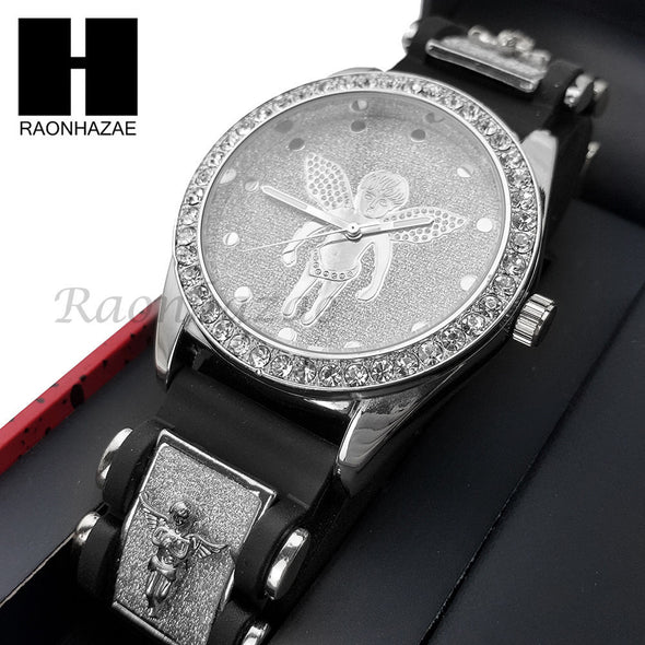 MEN TECHNO PAVE WATCH & ANGEL PENDANT ROPE CHAIN NECKLACE GIFT SET SS77 - Raonhazae