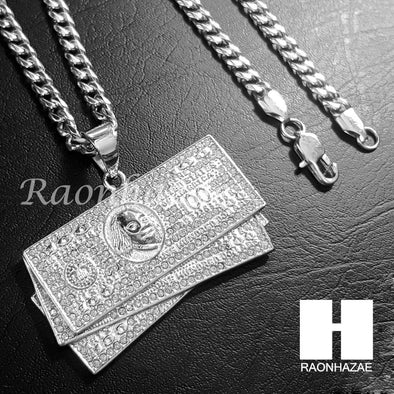 316L Stainless steel Silver Benjamin $100 Bill 5mm Cuban Chain S12 - Raonhazae