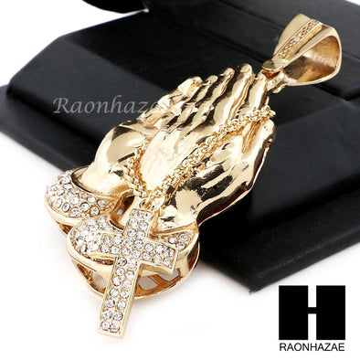 Men Praying Hands Holding Cross Pendant 30" Heavy Cuban Link Chain 43 - Raonhazae