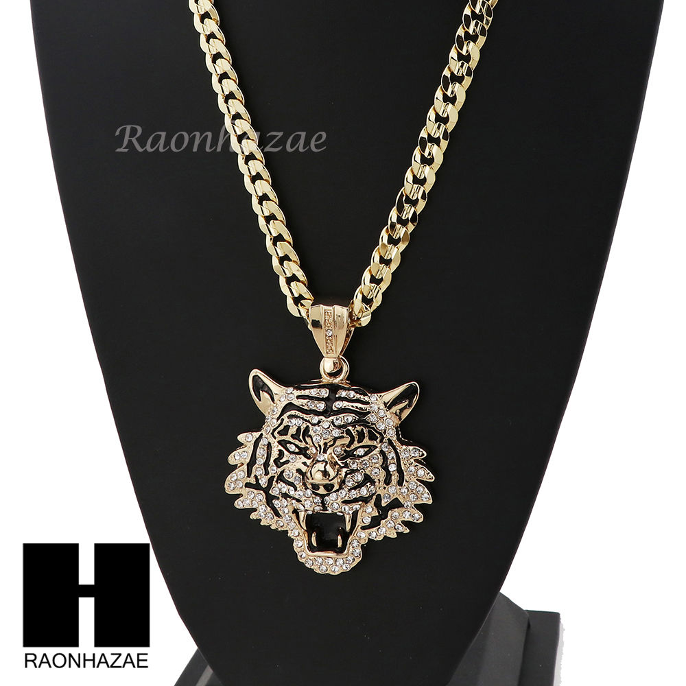 MENS HIP HOP TIGER PENDANT & DIAMOND CUT CUBAN LINK CHAIN NECKLACE NN5 ...