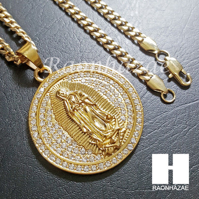 316L Stainless steel Gold Bling Guadalupe w/ 5mm Cuban Chain SG4 - Raonhazae