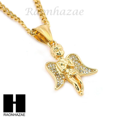 MENS STAINLESS STEEL MINI ANGEL CZ PENDANT 24" CUBAN NECKLACE SET NP006 - Raonhazae