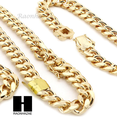 14k Gold Finish Heavy 10mm Miami Cuban Link Chain Necklace Bracelet Various Set - Raonhazae