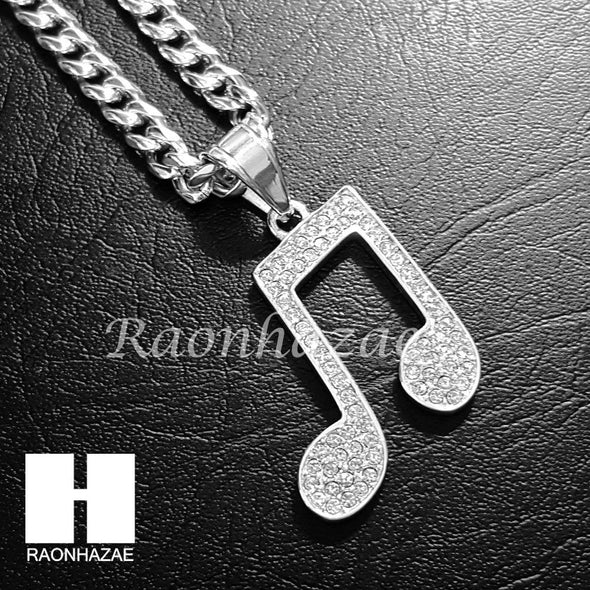 316L Stainless steel Silver Music Note Pendant 5mm Cuban Chain S2 - Raonhazae