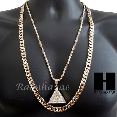 MEN GOLD ANKH PYRAMID CHARM CUT 30" CUBAN LINK CHAIN NECKLACE S081G - Raonhazae