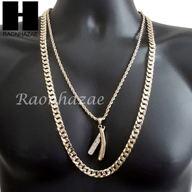 MEN BARBER SHOP BLADE DIAMOND CUT 30" CUBAN LINK CHAIN NECKLACE S075G - Raonhazae