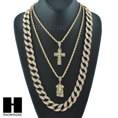 MEN CUBAN LINK 30" CHAIN / CROSS & JESUS PENDANT ROPE NECKLACE SET SC41 - Raonhazae