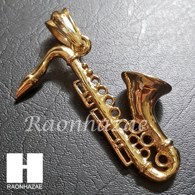316L Stainless steel Gold Bling Saxophone w/ 5mm Cuban Chain SG8 - Raonhazae