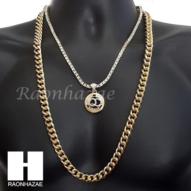 BLING QC ROUND CHARM 16"-30" TENNIS CHAIN 30" CUBAN CHAIN NECKLACE G31 - Raonhazae