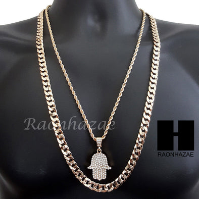 MEN BLING GOLD HAMSA PENDANT 30" CUBAN LINK CHAIN NECKLACE SET S95G - Raonhazae