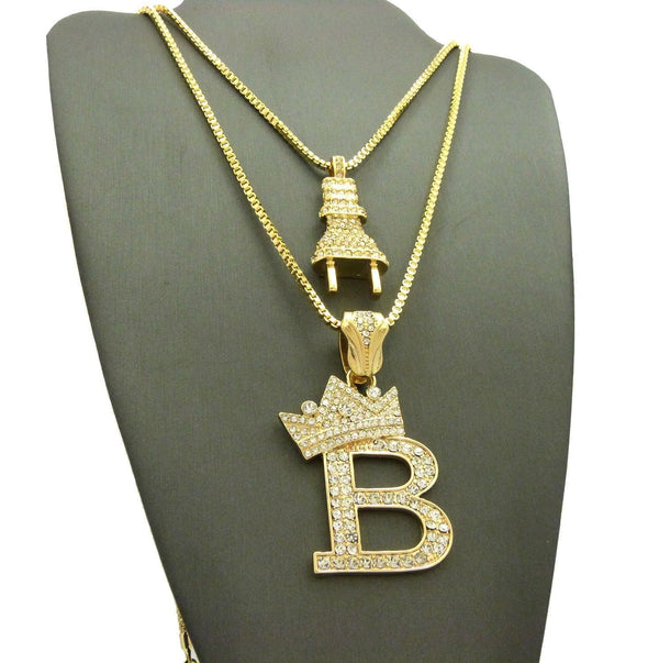 14K Gold Plated Electric Power Plug & King 'B' Pendant Necklace Set 04 - Raonhazae