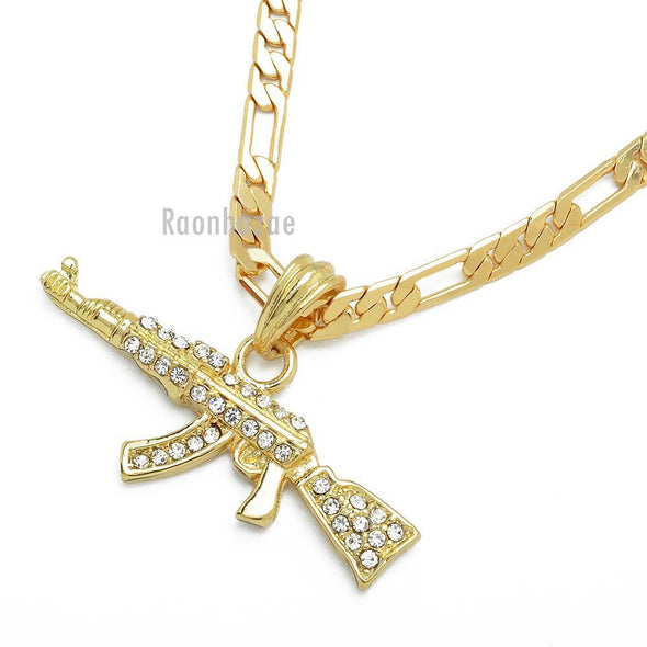 MEN'S GOLD AK-47 RIFLE GUN PENDANT W 5mm 24" BRASS FIGARO CHAIN NECKLACE K434G - Raonhazae