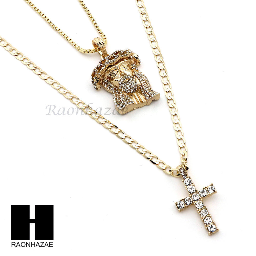 MEN JESUS FACE & CROSS PENDANT BOX CUBAN CHAIN DOUBLE