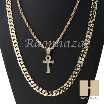 ANKH CROSS ROPE CHAIN DIAMOND CUT 30" CUBAN LINK CHAIN NECKLACE SS07G - Raonhazae