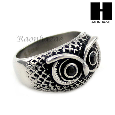 MEN STAINLESS STEEL HIP HOP ANTIQUE SILVER TONE OWL w/ ONYX RING 8-12 SR027CL - Raonhazae