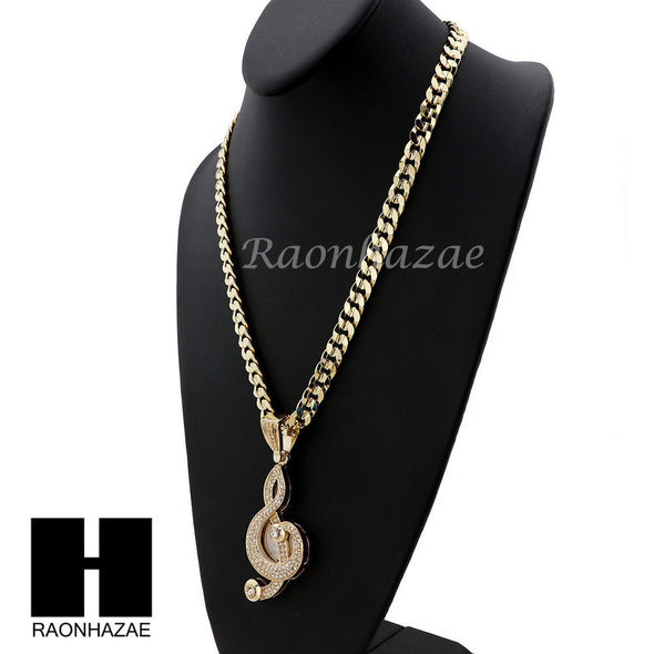 MENS G Clef MUSIC PENDANT & DIAMOND CUT CUBAN LINK CHAIN NECKLACE NN56 - Raonhazae