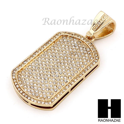 Hip Hop 14k Gold Plated Dog Tag Pave Pendant 30" Cuban Link Chain N08 - Raonhazae