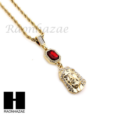 MENS LAB DIAMOND GOLD CUBAN CHAIN RED RUBY JESUS COMBO 2 NECKLACES SET1 - Raonhazae