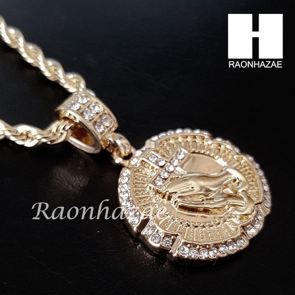 MEN PRAYING HAND CROSS PENDANT 30" CUBAN LINK CHAIN NECKLACE SET 94G - Raonhazae