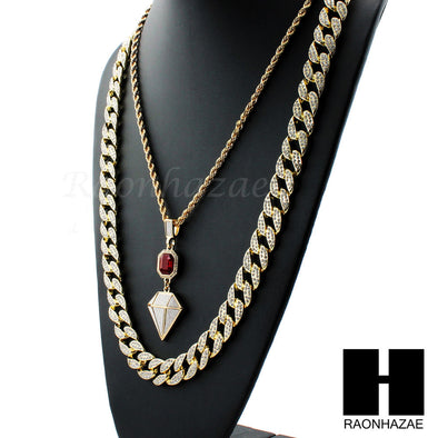 LAB DIAMOND SHAPE 30" CUBAN LINK CHAIN RED RUBY COMBO NECKLACE SET05 - Raonhazae