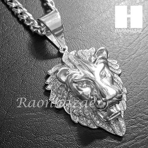 316L Stainless steel Silver Bling King Lion w/ 5mm Cuban Chain SG7 - Raonhazae