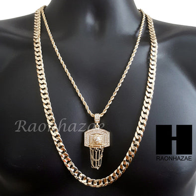 MEN GOLD BASKETBALL HOOP CHARM CUT 30" CUBAN LINK CHAIN NECKLACE S082G - Raonhazae