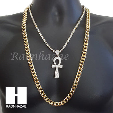 BLING ANKH CHARM 16"-30" TENNIS CHAIN 30" CUBAN CHAIN NECKLACE G24 - Raonhazae