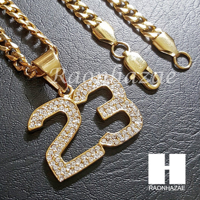 316L Stainless steel Gold Bling Number 23 w/ 5mm Cuban Chain SG5 - Raonhazae
