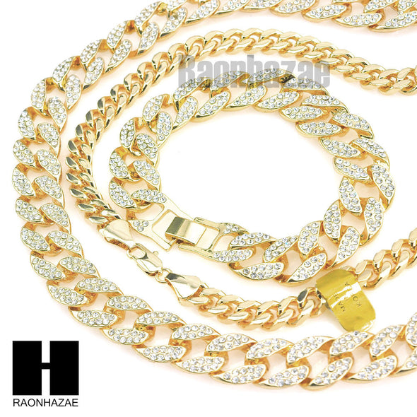 Gold Lab Diamond Necklace 15mm 30" 24" Miami Cuban Link Chain, Bracelet - Raonhazae