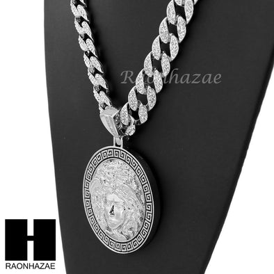 Hip Hop White Gold Plated Medusa medallion Pendant 30" Cuban Link Chain - Raonhazae