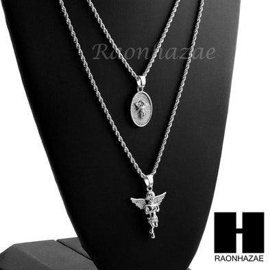 MINI & ROUND SILVER MEDAL ANGEL PENDANT 24" 30" ROPE CHAIN NECKLACE COMBO SET - Raonhazae