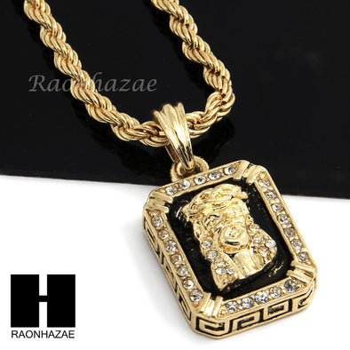 MENS GOLD BLACK ONYX JESUS FACE CZ PENDANT 24" ROPE NECKLACE SET N019 - Raonhazae