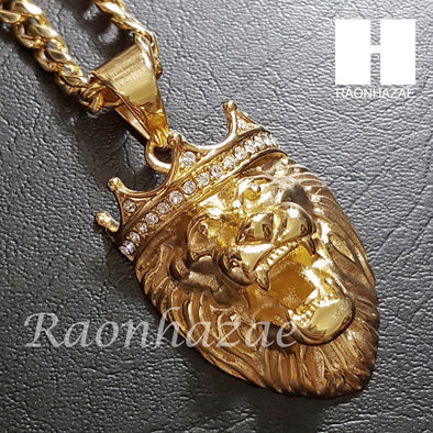 316L Stainless steel Gold Bling King Lion w/ 5mm Cuban Chain S23 - Raonhazae