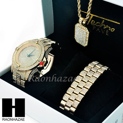 TECHNO PAVE 14K GOLD TONE LAB DIAMOND WATCH BRACELET NECKLACE SET SW202 - Raonhazae