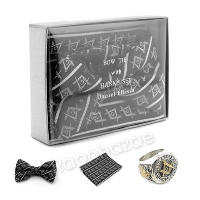 MENS MASONIC FREEMASON LODGE ATTIRE BOW TIE SILVER COMPASS HANKY SET W/ RING S1 - Raonhazae