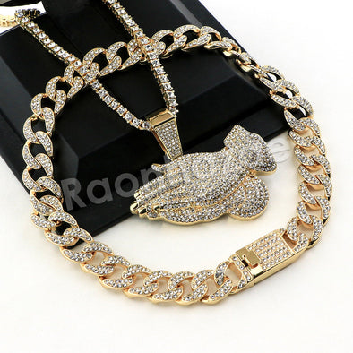 Hip Hop Quavo PRAYING HANDS Miami Cuban Choker Tennis Chain Necklace L03 - Raonhazae