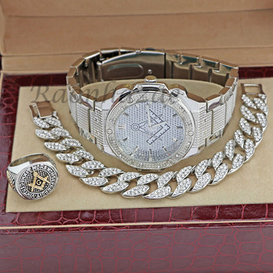 MEN FREEMASON MASONIC 14K WHITE GOLD WATCH CUBAN BRACELET RING FM03S - Raonhazae