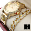 Men Hip Hop Lab Diamond Freemason Watch & Cuban Bracelet Gold Set 195G - Raonhazae