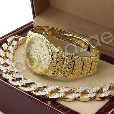 Men Hip Hop 14K Gold PT Luxury Bling Freemason Watch Sandblast Bracelet Set F24G - Raonhazae