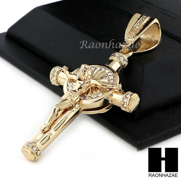 Men 14k Plated Jesus Cross Crucifix Pendant 30" Cuban Link Chain NN033G - Raonhazae