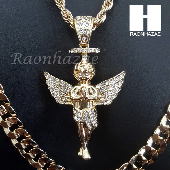 21 SAVAGE ANGEL CHARM DIAMOND CUT 30" CUBAN CHAIN NECKLACE SET G16 - Raonhazae